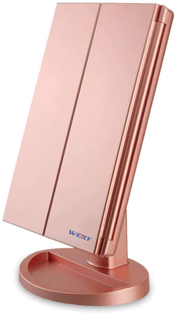 WEILY Lighted Makeup Mirror  Tri-fold Vanity Mirror with 1X/2X/3X Magnification Mirrors  21 Natural LED Nights and Touch Screen  Chargeable Travel Cosmetic Mirror for Desktop (Rose Gold) - Image 1